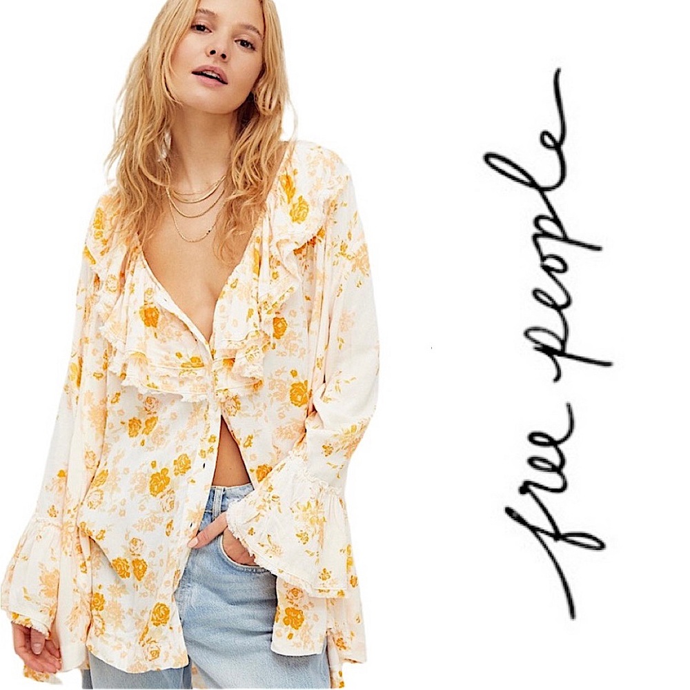 Free People Loretta Tea Combo floral ruffle Tunic Top Sz L